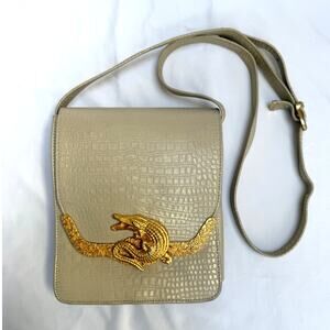 Vintage Pinky Gold Alligator Purse, Ivory Leather Croc Embossed, Glam, Kitschy